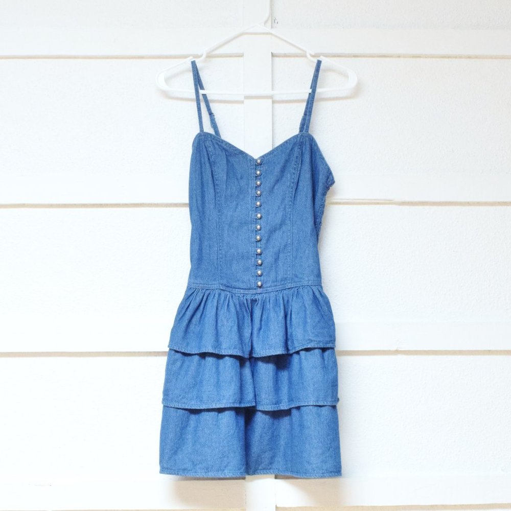 FIRE LOS ANGELES Blue Denim Chambray Ruffle Tiered Sundress | Size S